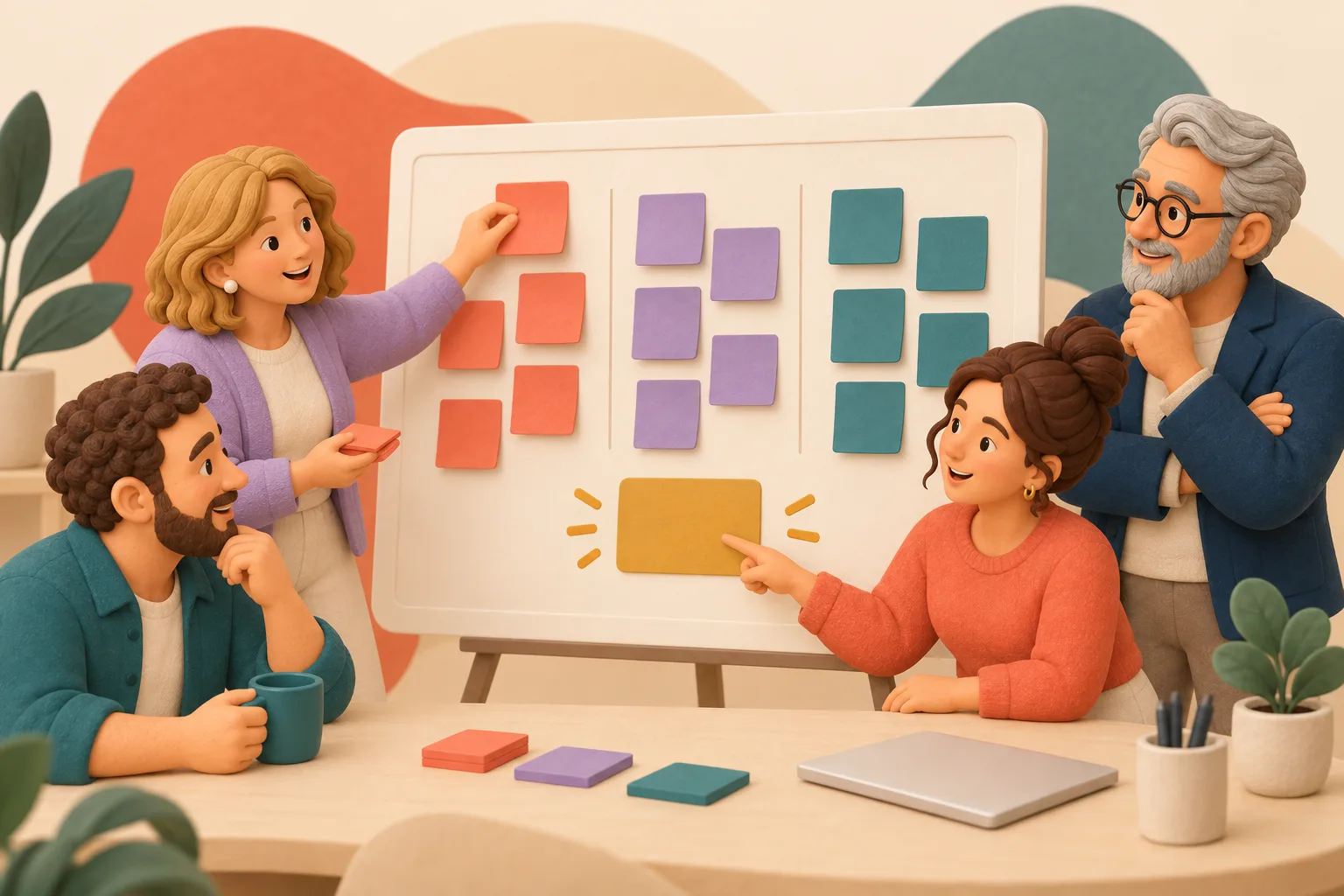 Four teammates group sticky notes on a retrospective board and choose a next action.